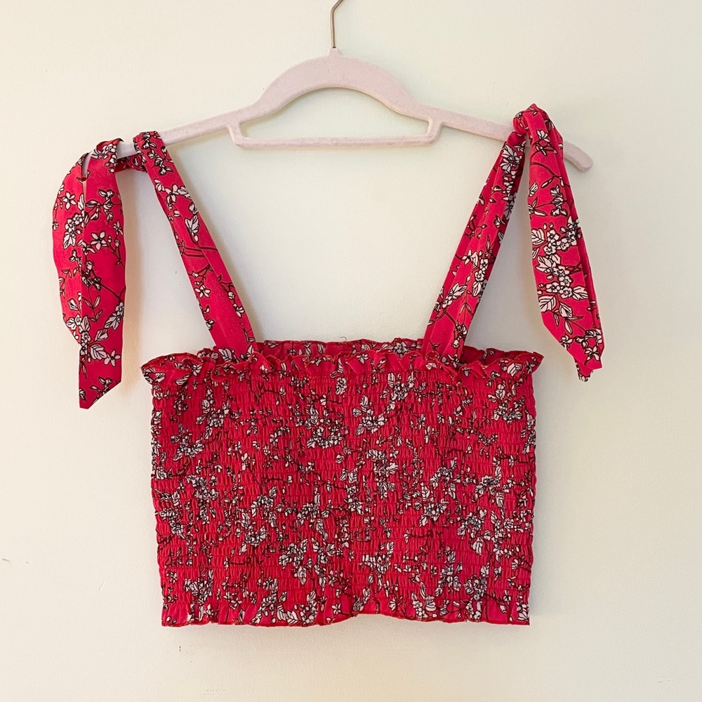 Red Floral Square Neck Crop Top